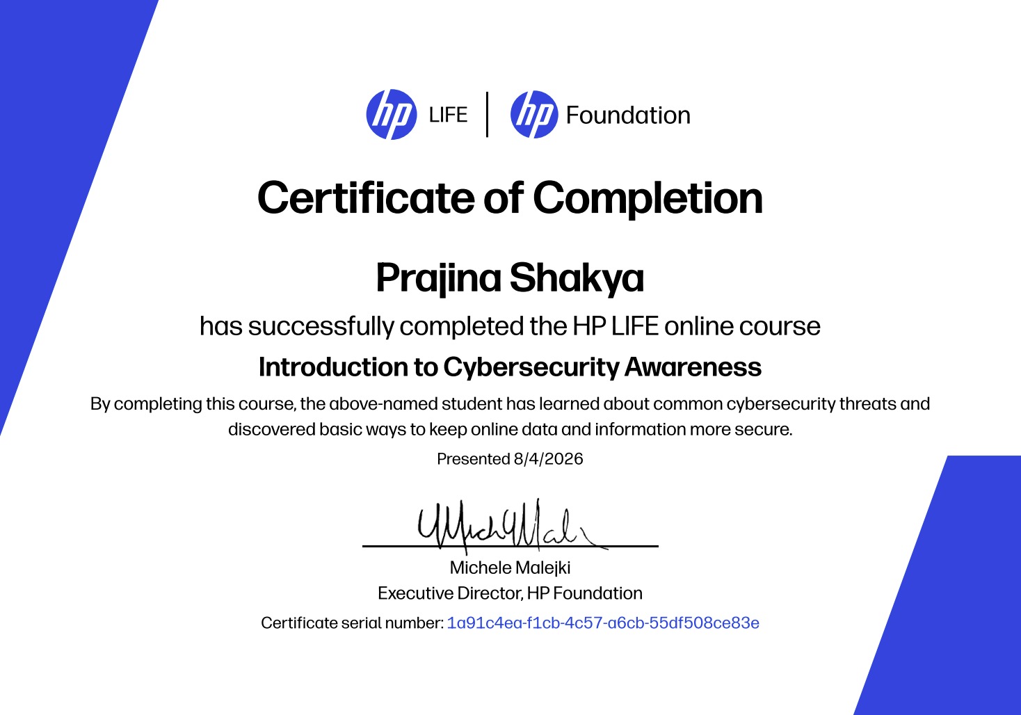 Certificate of completion: Introduction to Cybersecurity Awareness, HP LIFE and HP Foundation